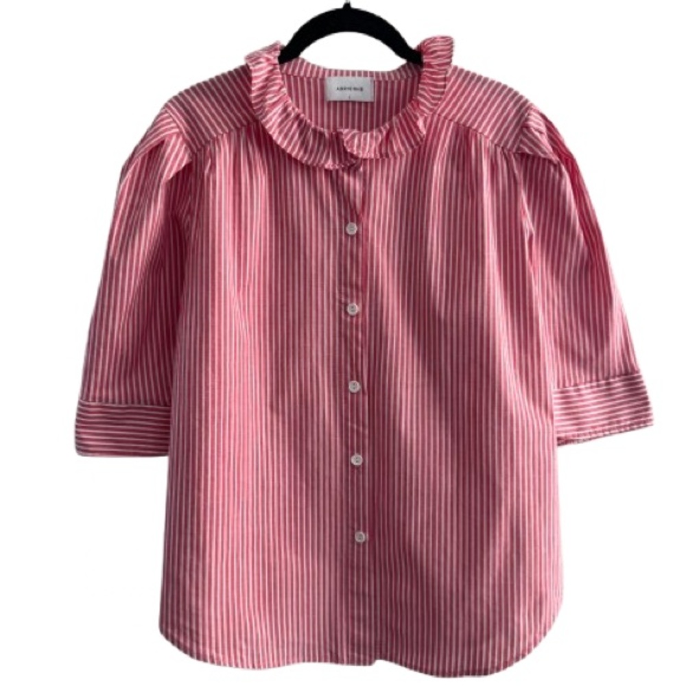Adrienne Red White Stripe 3/4 Sleeve Ruffle Collar Button Down Blouse